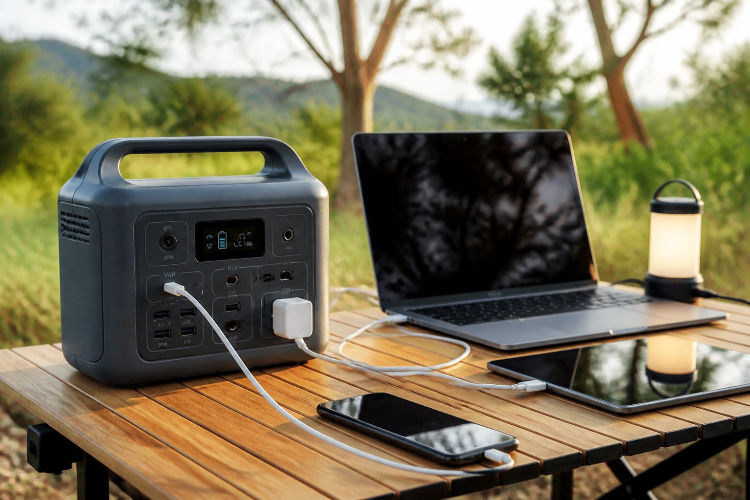 A portable power station on a table powering a laptop, smartphone, and LED lamp outdoors with greenery in the background.