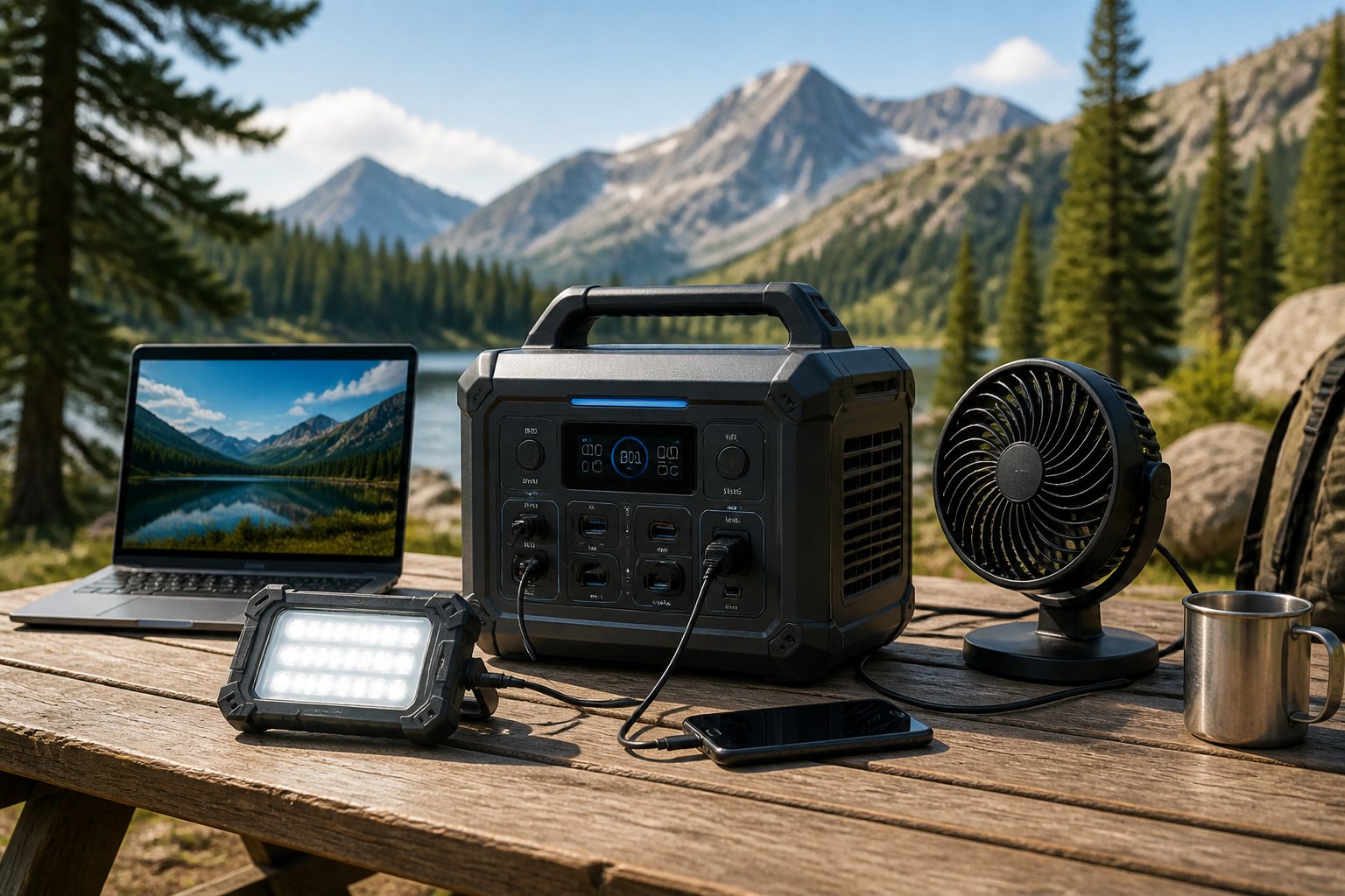 A portable power station outdoors powering a laptop, LED light, and fan, showing its rugged design and active use.