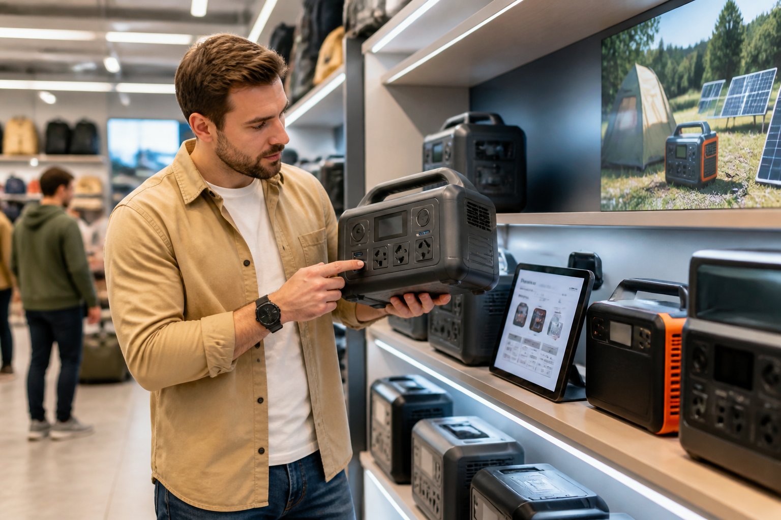 A person examining a portable power station in an electronics store with shelves of similar devices in the background.