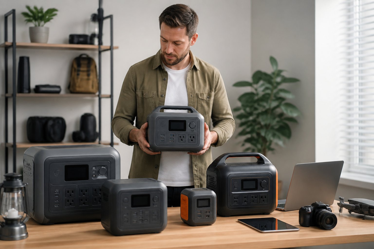 Person examining different sizes of portable power stations displayed on a table indoors.