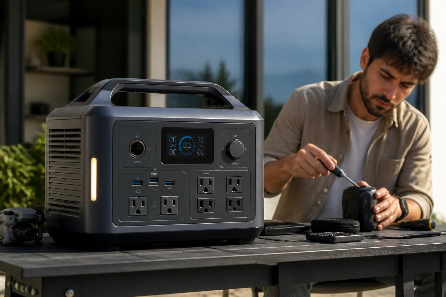 A portable power station on a table with a person inspecting it, showing various outlets and features.
