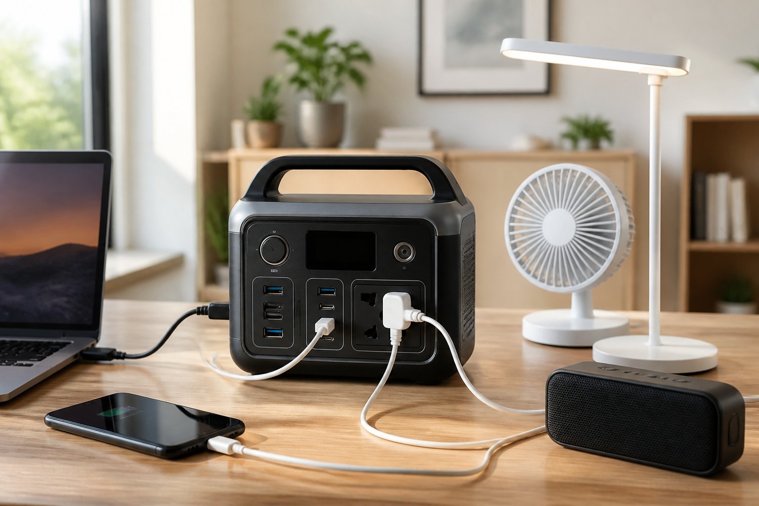 A 500W portable power station on a table powering a laptop, desk fan, smartphone, lamp, and speaker in a bright indoor setting.