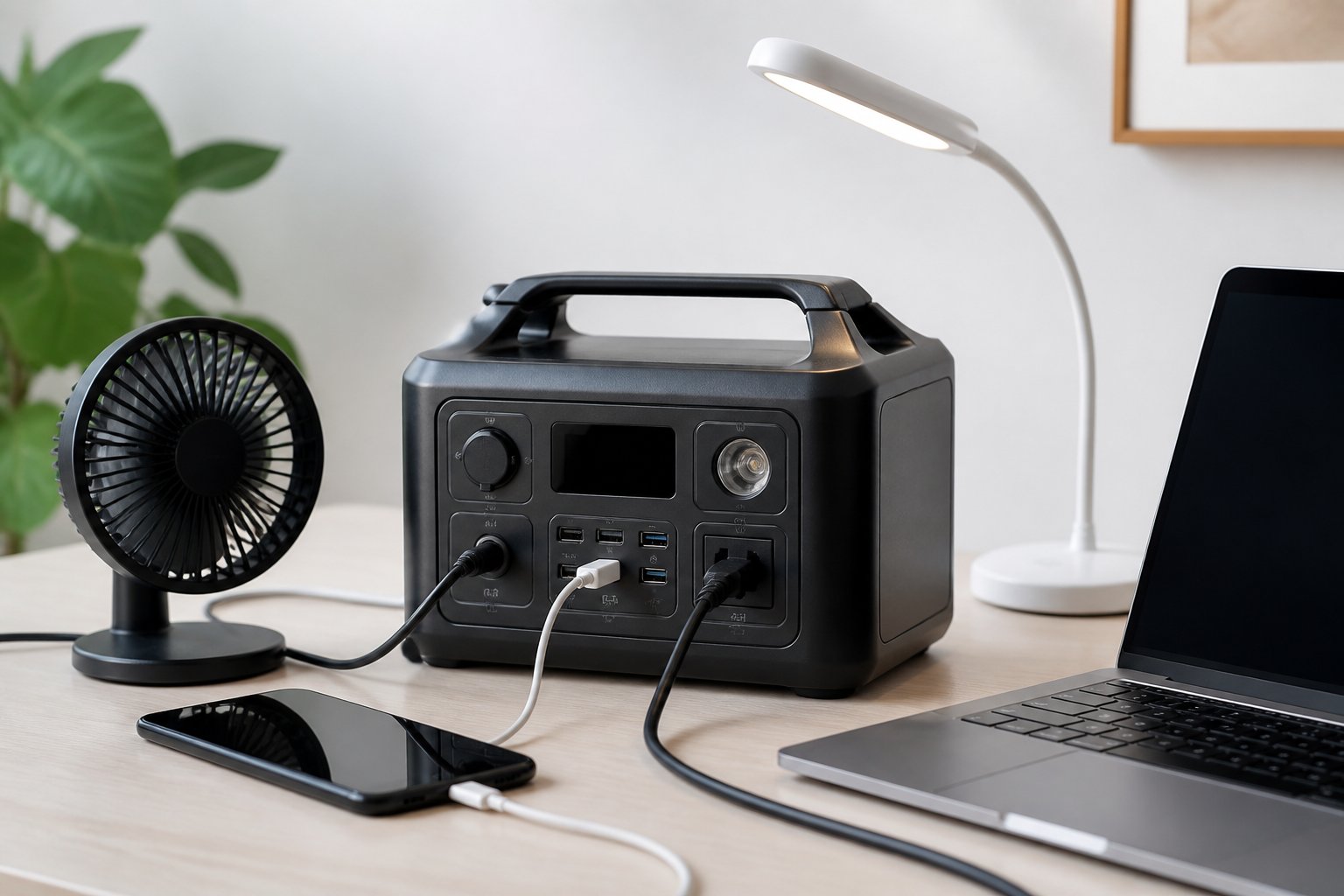A 500W portable power station on a table powering a laptop, smartphone, desk lamp, and portable fan in a bright indoor setting.