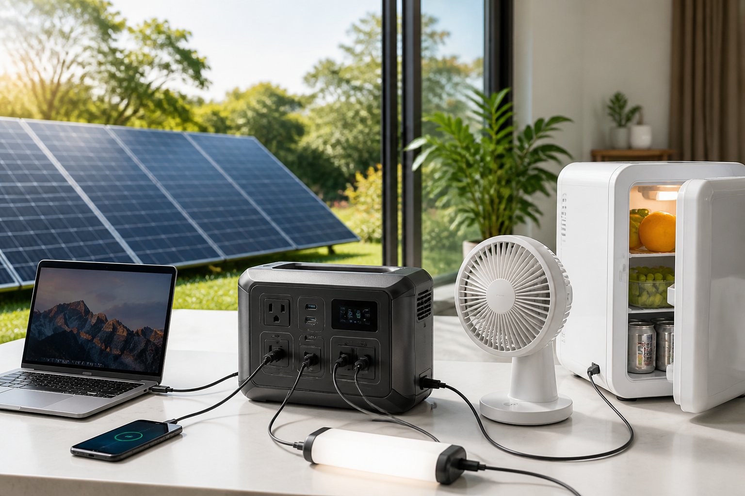 A 500W portable power station powering a laptop, smartphone, lamp, fan, and mini refrigerator with solar panels visible nearby in a bright indoor-outdoor setting.
