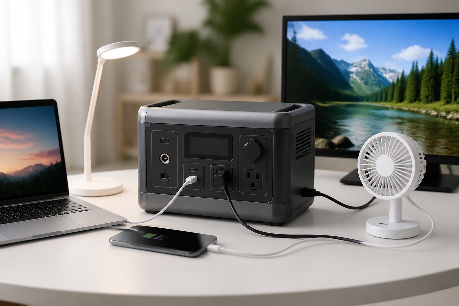 A 1000W portable power station on a table powering a laptop, desk lamp, smartphone, mini fan, and small television.