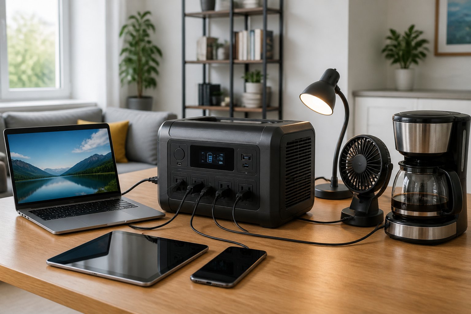 A 1000W power station powering a laptop, smartphone, tablet, desk lamp, fan, and coffee maker on a wooden table in a bright indoor setting.