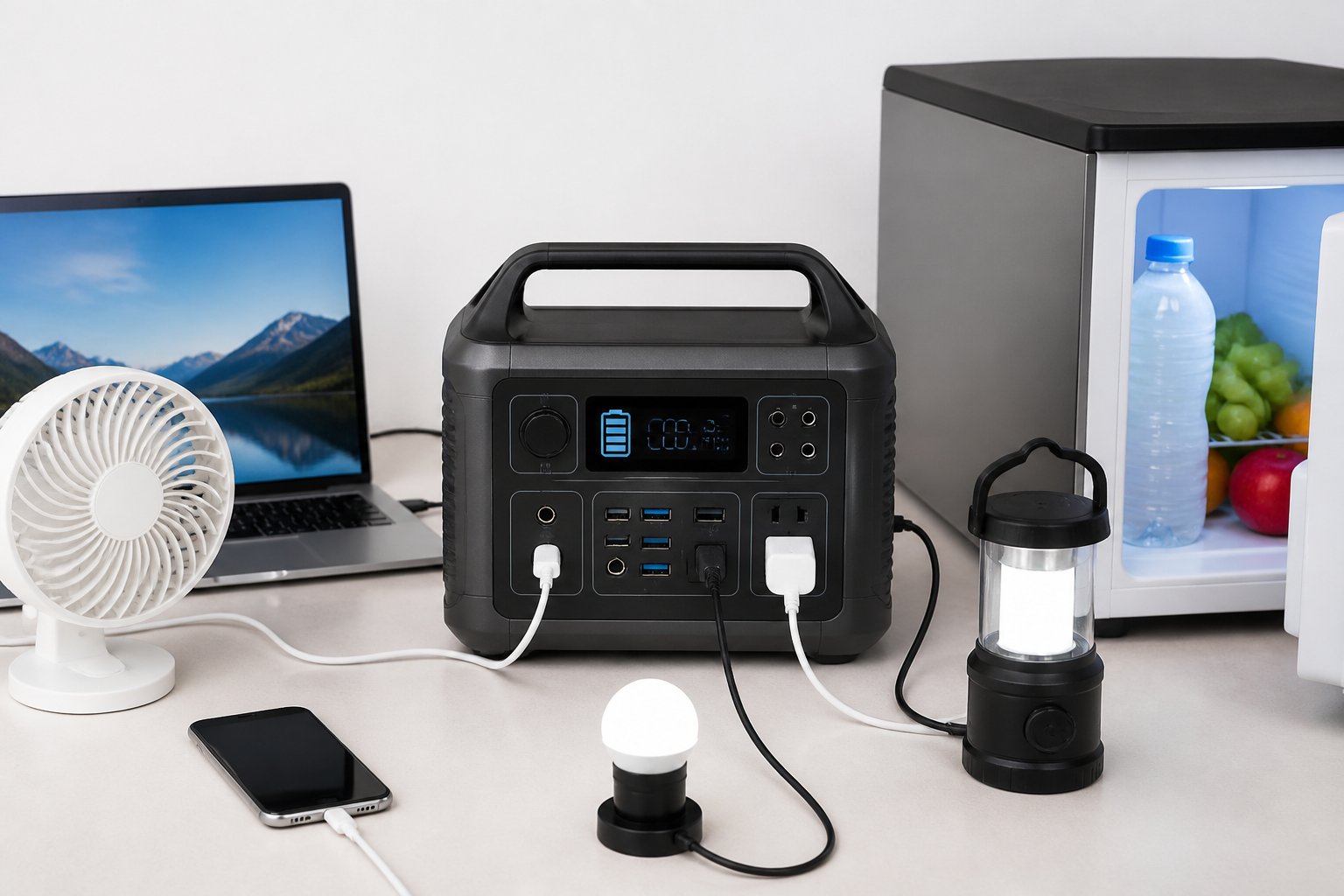A 1000W portable power station powering a laptop, small refrigerator, LED lights, smartphone, and a fan on a clean surface.