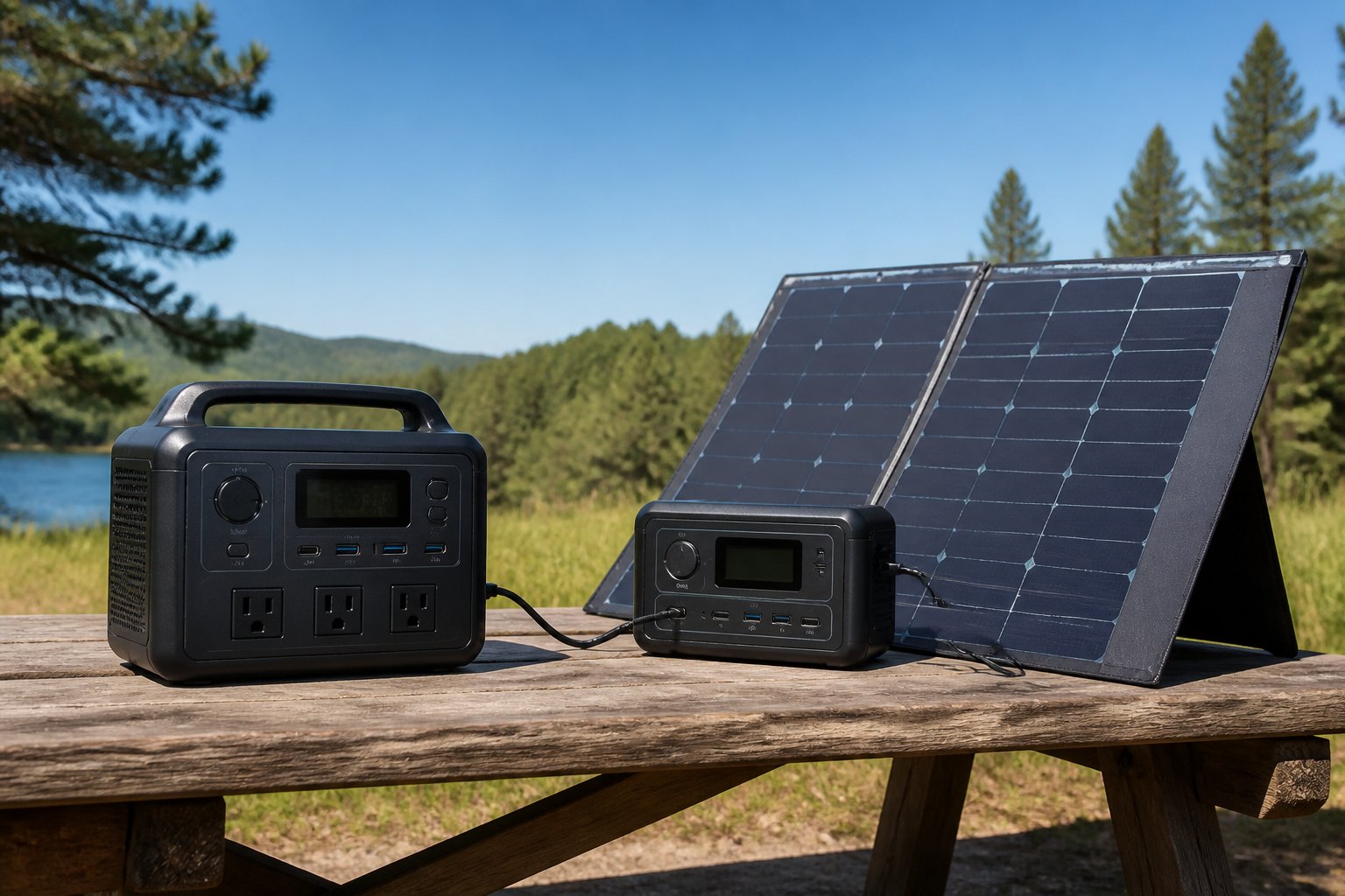 A portable power station and a solar generator placed side by side outdoors on a picnic table with green grass and trees in the background.