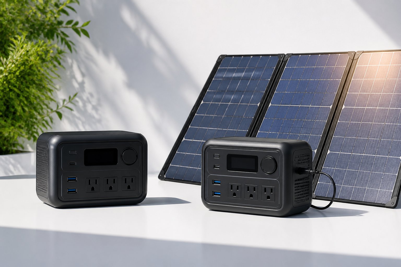Side-by-side view of a portable power station and a solar generator with a foldable solar panel, both placed on a white surface under natural light.
