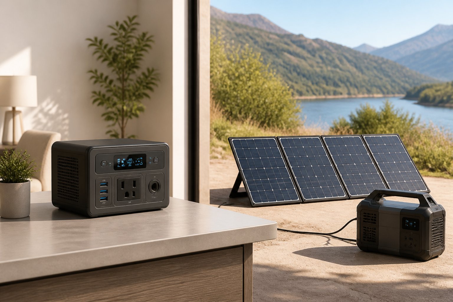 A portable power station indoors next to a solar generator with unfolded solar panels outdoors under sunlight.