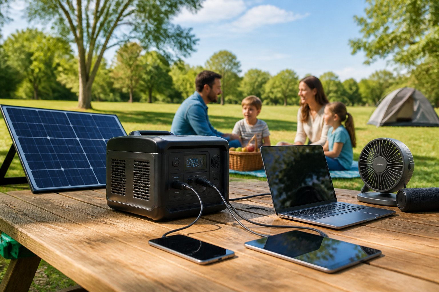 Are Solar Generators Worth It? In-Depth Guide for 2026 Buyers A solar generator on a picnic table charging electronic devices outdoors with a family enjoying a sunny park in the background.