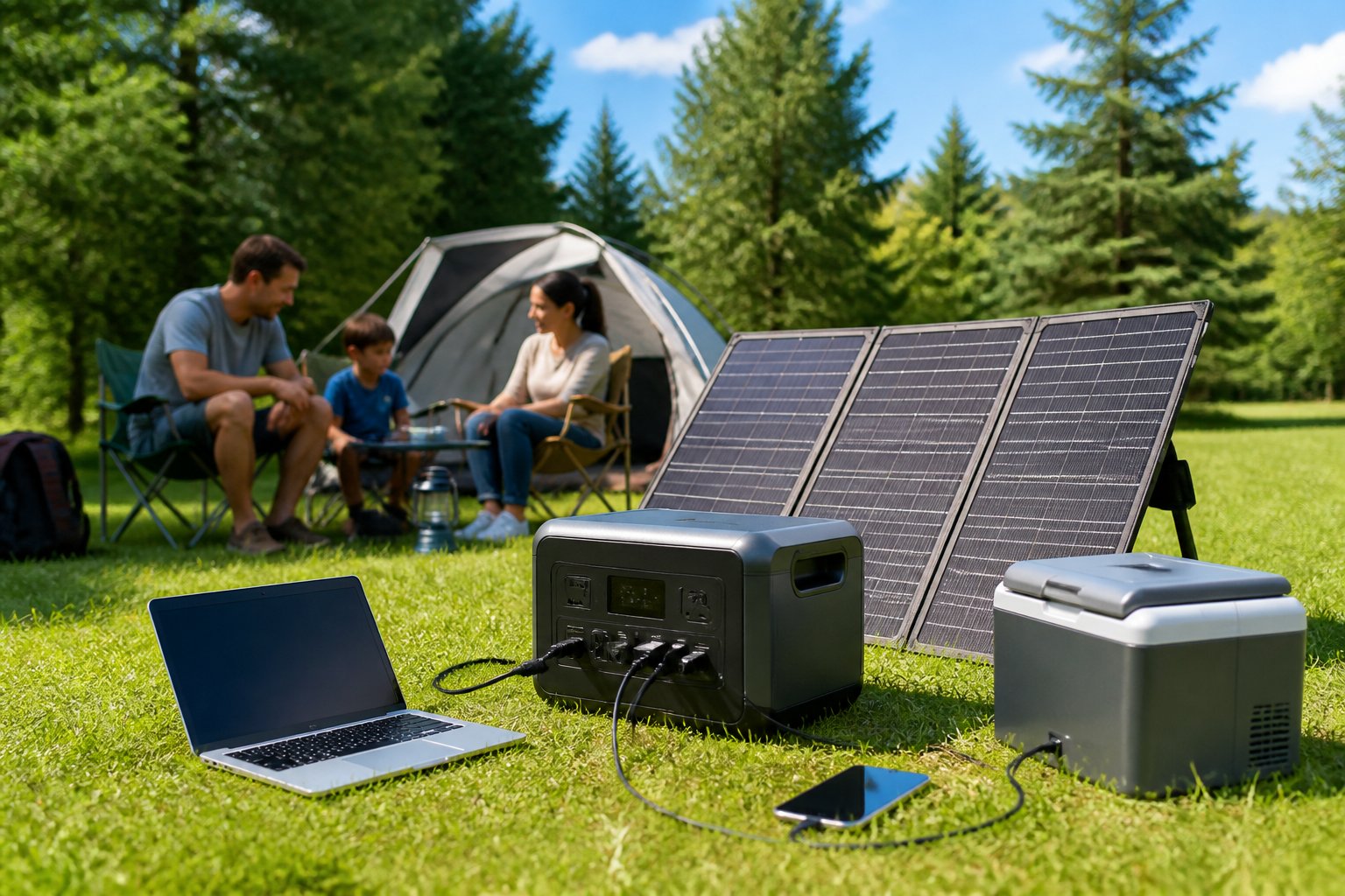 Are Solar Generators Worth It? In-Depth Guide for 2026 Buyers A solar generator outdoors powering electronic devices during a family camping trip on a sunny day.