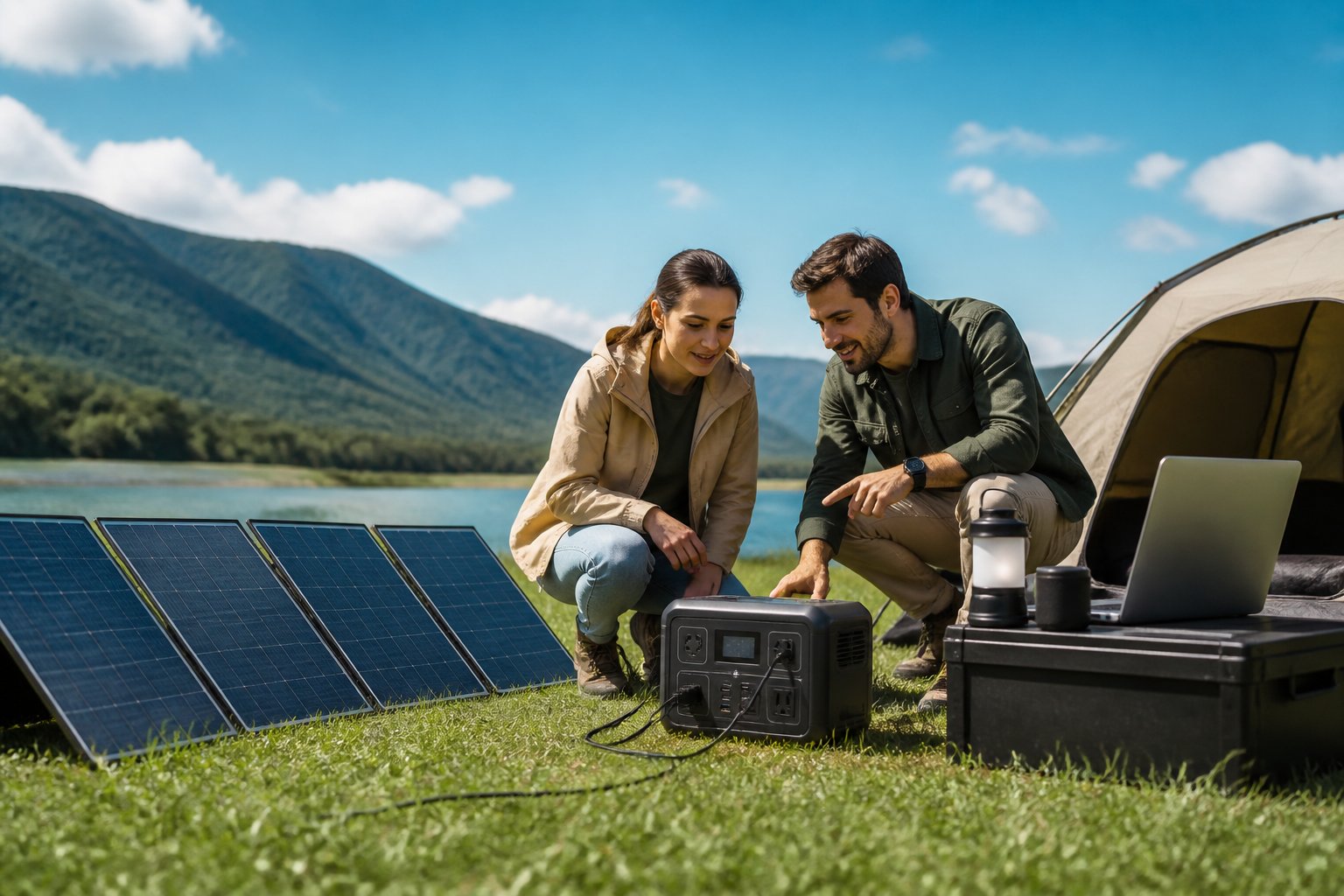 Are Solar Generators Worth It? In-Depth Guide for 2026 Buyers People outdoors examining a solar generator connected to solar panels with camping gear nearby under a clear sky.