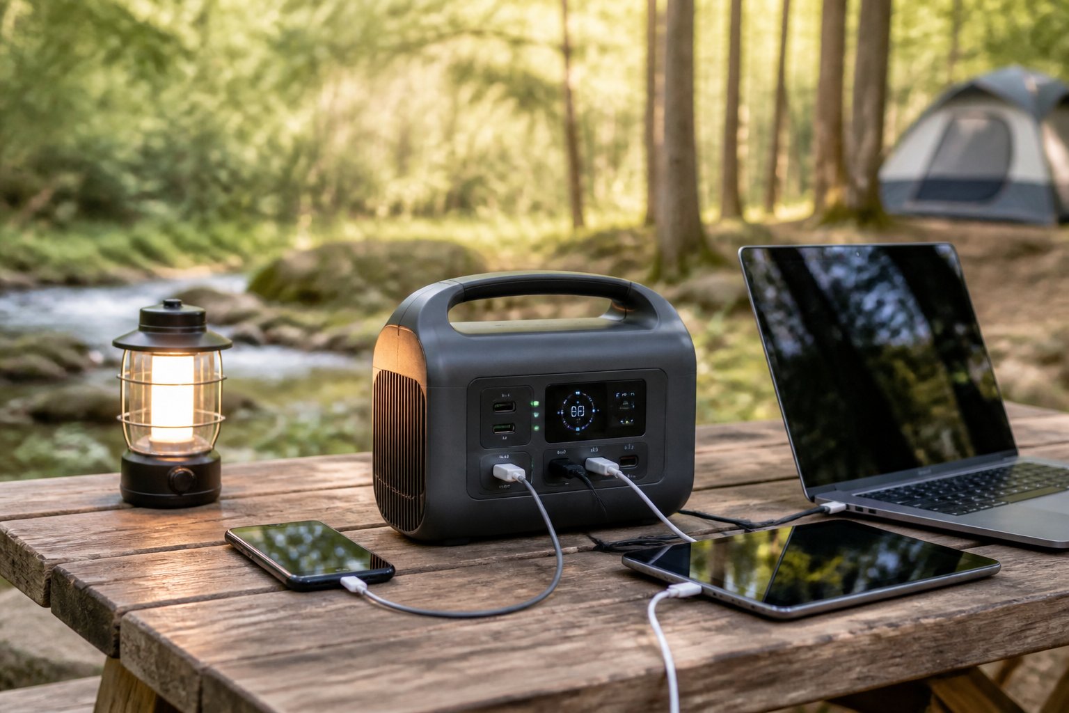 How Long Do Portable Power Stations Last? Complete Longevity Guide A portable power station on a wooden table outdoors with electronic devices nearby and trees in the background.