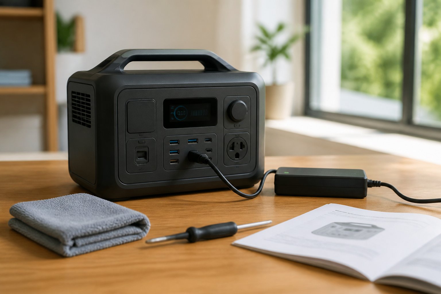 How Long Do Portable Power Stations Last? Complete Longevity Guide A portable power station connected to a charger on a wooden table with maintenance tools nearby in a bright indoor setting.