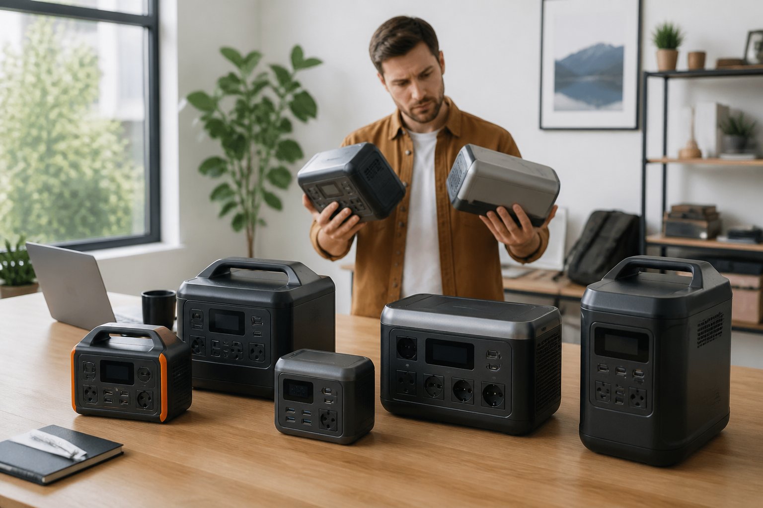 How Long Do Portable Power Stations Last? Complete Longevity Guide Various portable power stations displayed on a table with a person comparing two models in a bright modern workspace.
