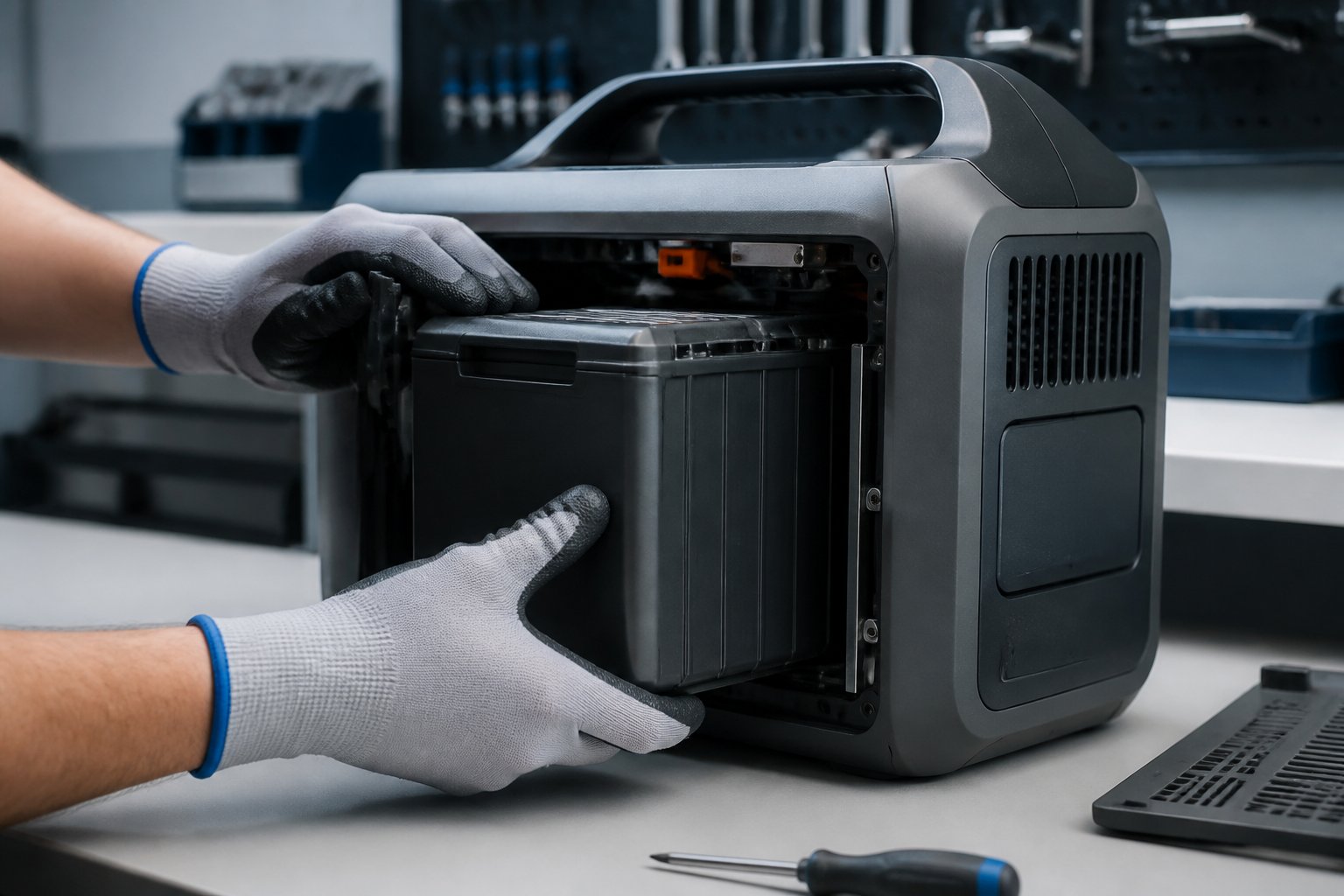 Portable Power Station Battery Replacement Cost: Factors, Options, and Savings Close-up of hands replacing a battery in a portable power station in a clean workshop setting.