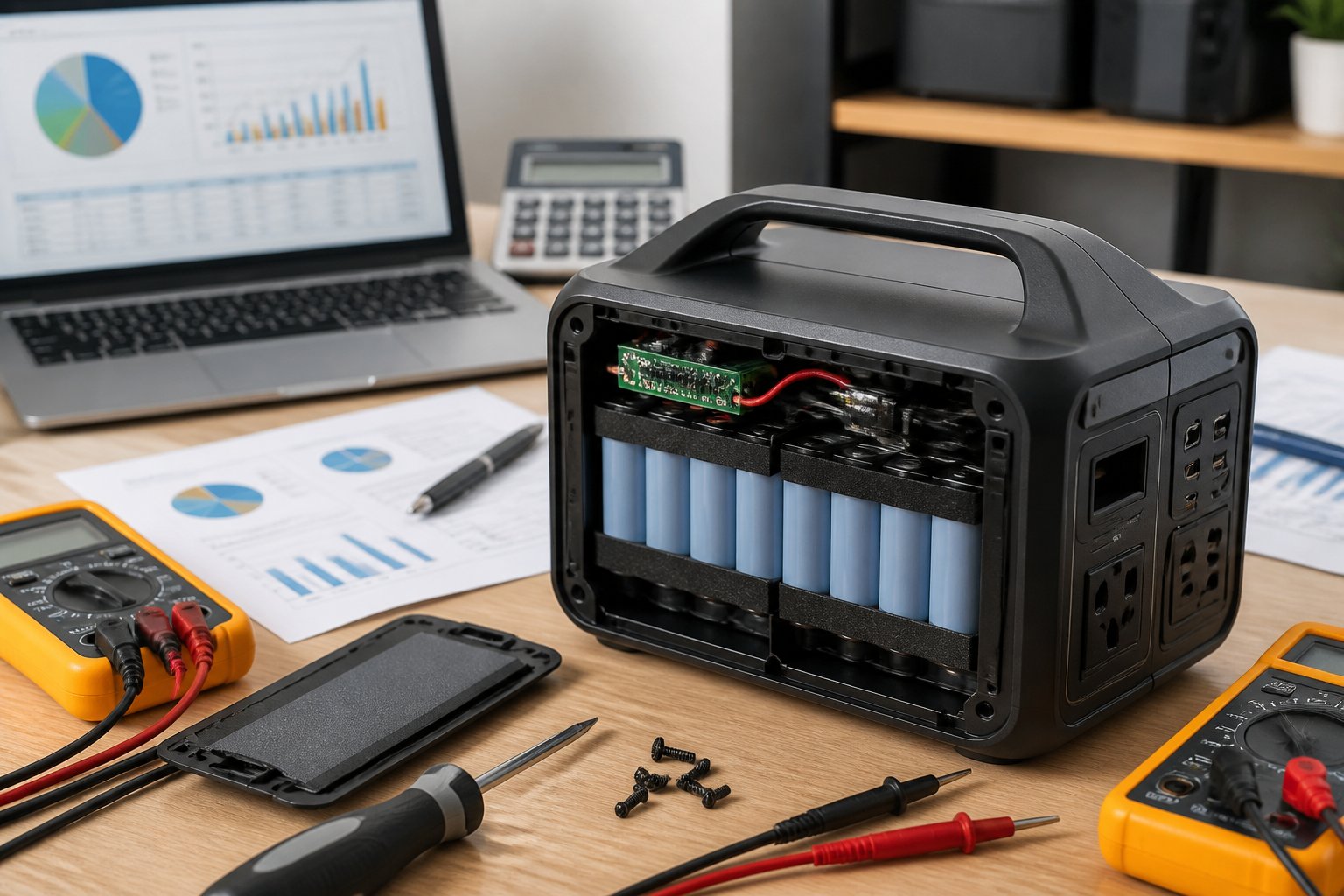 Portable Power Station Battery Replacement Cost: Factors, Options, and Savings Close-up of a portable power station with its battery compartment open, surrounded by tools and financial documents on a clean workspace.