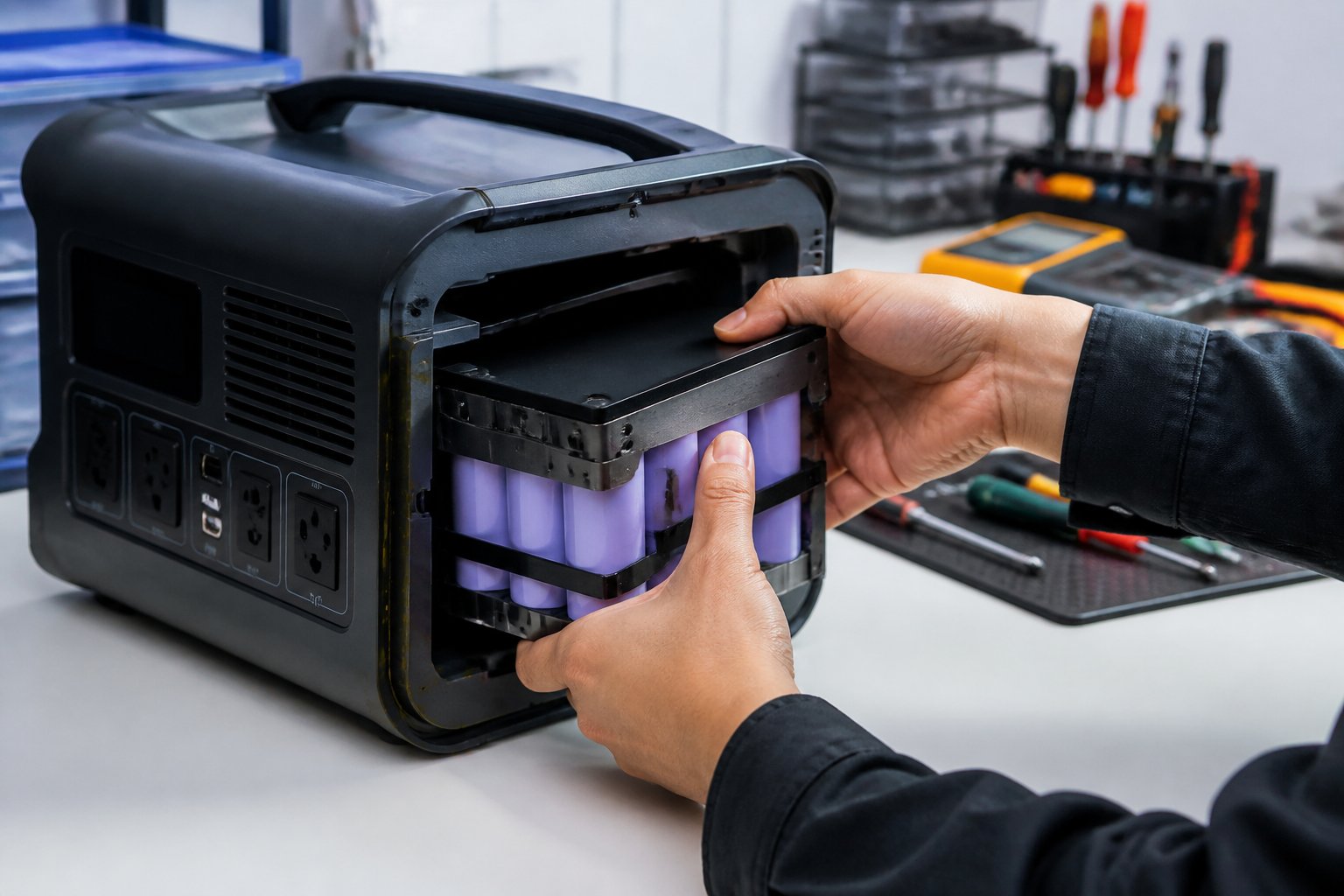 Portable Power Station Battery Replacement Cost: Factors, Options, and Savings Technician replacing a battery inside a portable power station on a clean workspace with tools nearby.