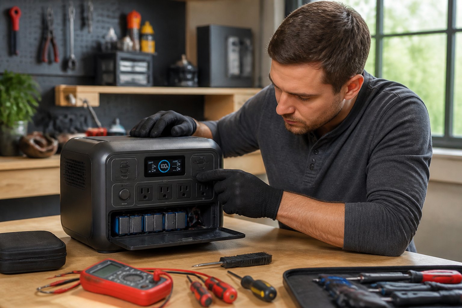 Person inspecting and maintaining a portable power station on a workbench with tools nearby.