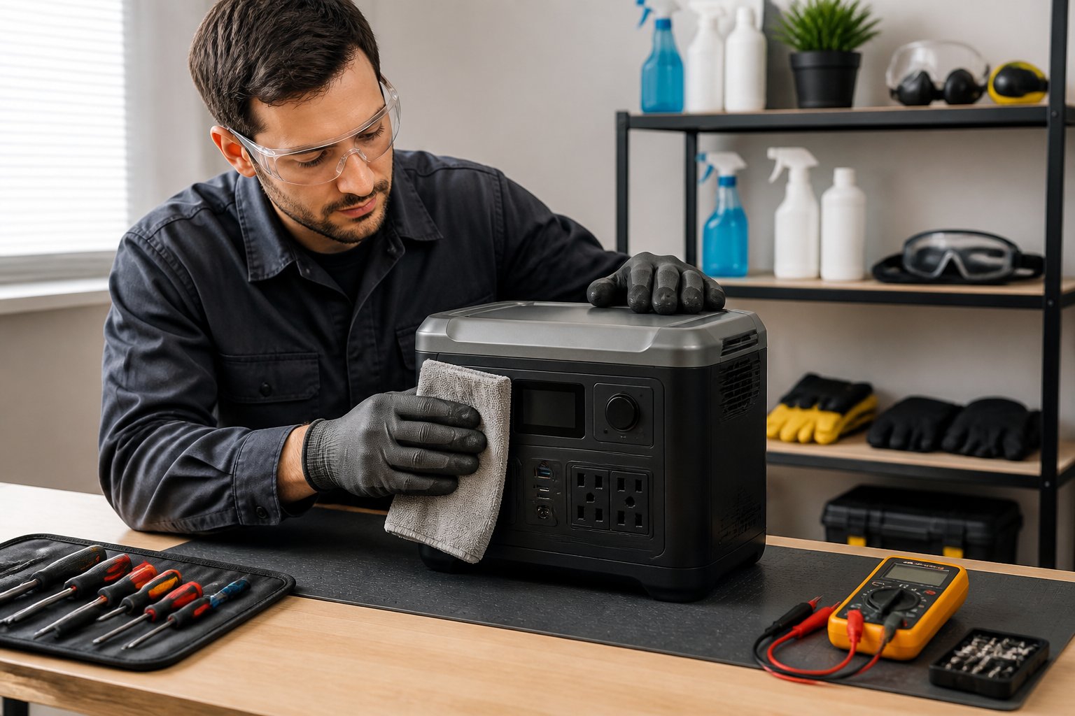Person cleaning a portable power station on a workbench with tools and safety equipment nearby.