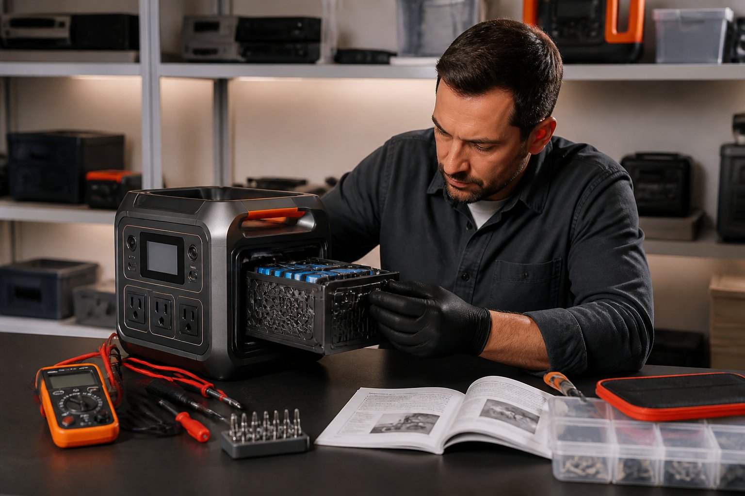 Person inspecting a portable power station on a table with tools in a well-organized workspace.