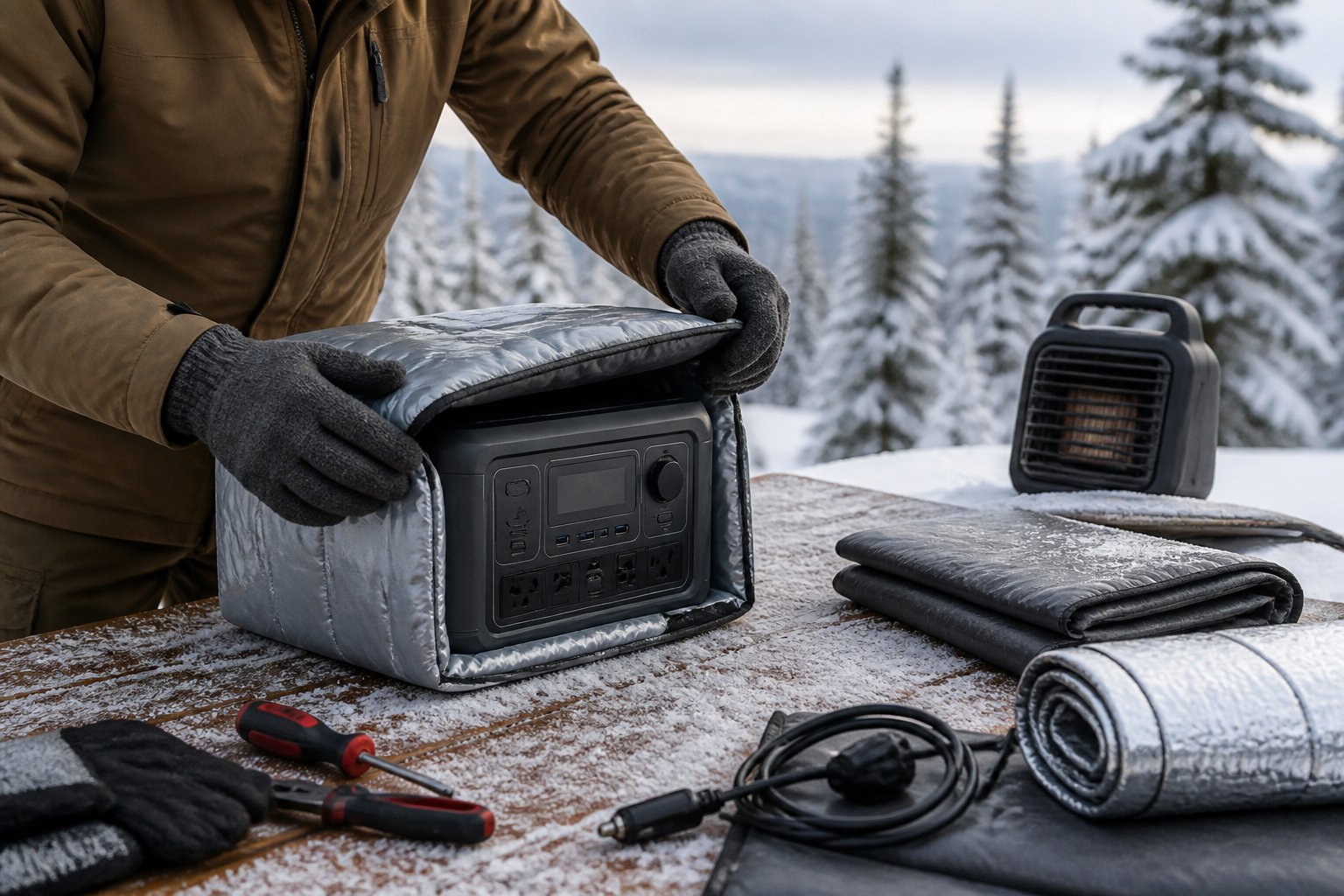How to Winterize a Portable Power Station: Comprehensive Steps for Cold Weather Protection Person wrapping a portable power station with protective covers outdoors in a snowy winter setting.