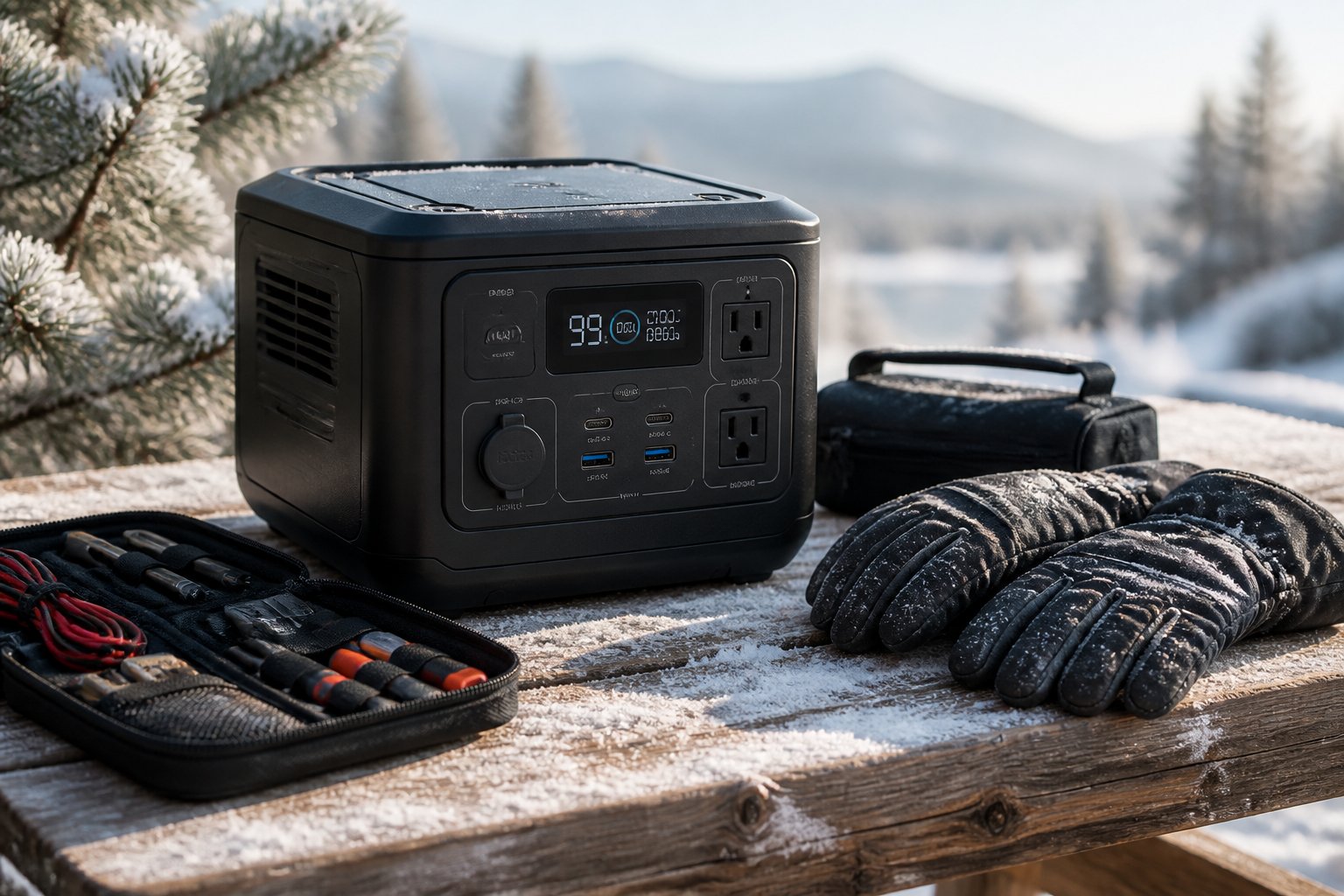 How to Winterize a Portable Power Station: Comprehensive Steps for Cold Weather Protection A portable power station on a wooden table outdoors with snow and pine branches, alongside gloves and a toolkit.