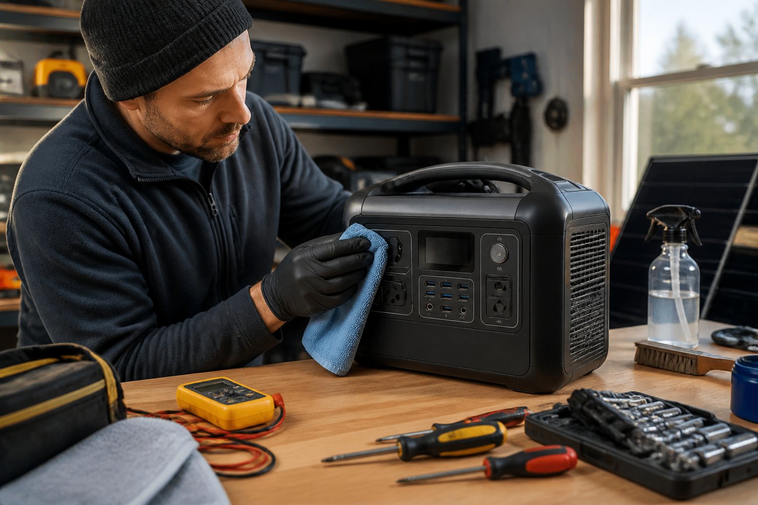 How to Winterize a Portable Power Station: Comprehensive Steps for Cold Weather Protection Person inspecting and cleaning a portable power station on a workbench in a bright workshop with maintenance tools nearby.