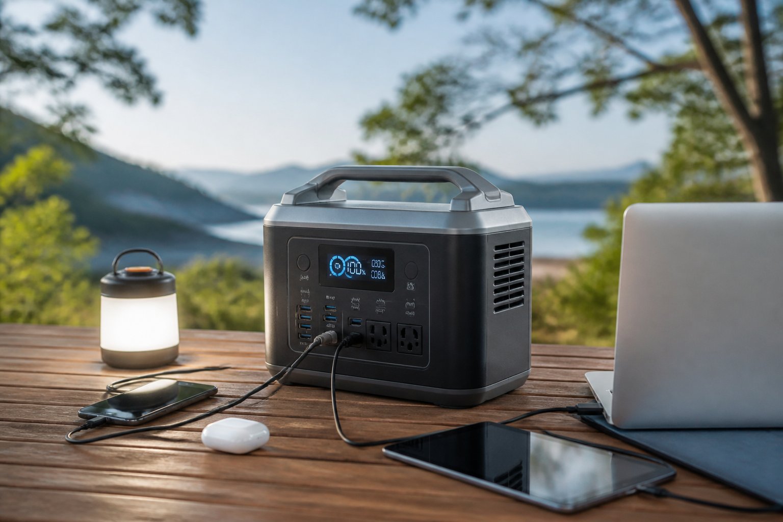 Portable Power Station Lifespan: Expert Guide to Durability & Care Portable power station on a wooden table outdoors with electronic devices nearby and trees in the background.