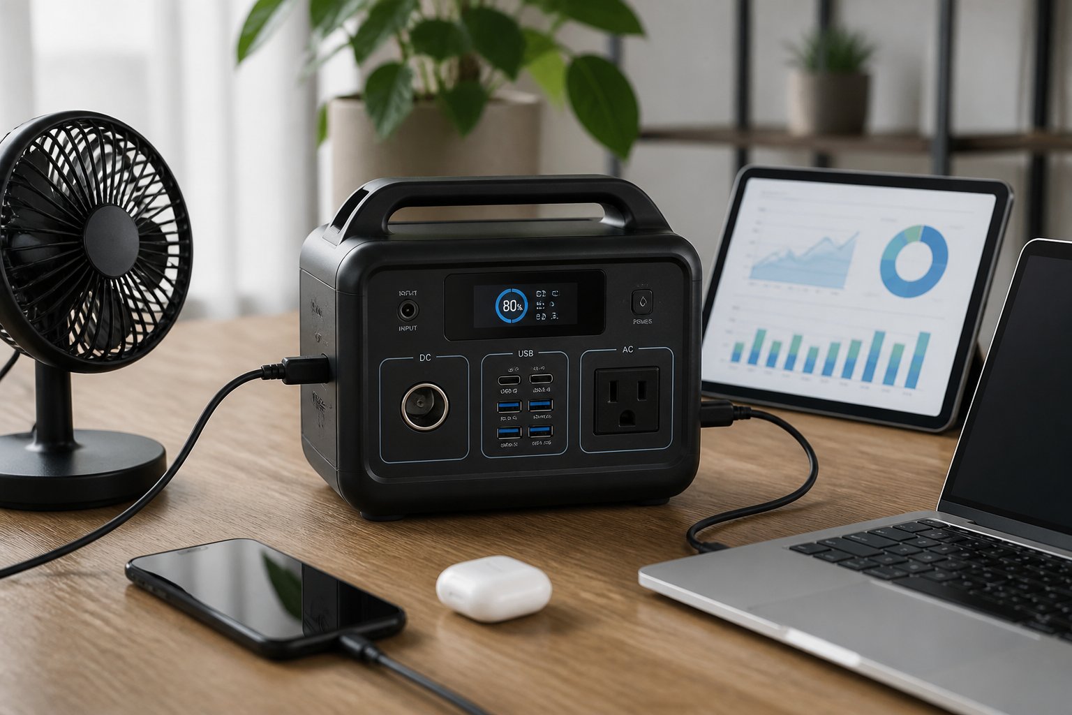 Portable Power Station Lifespan: Expert Guide to Durability & Care Portable power station on a wooden table surrounded by electronic devices with a digital tablet showing a chart in the background.