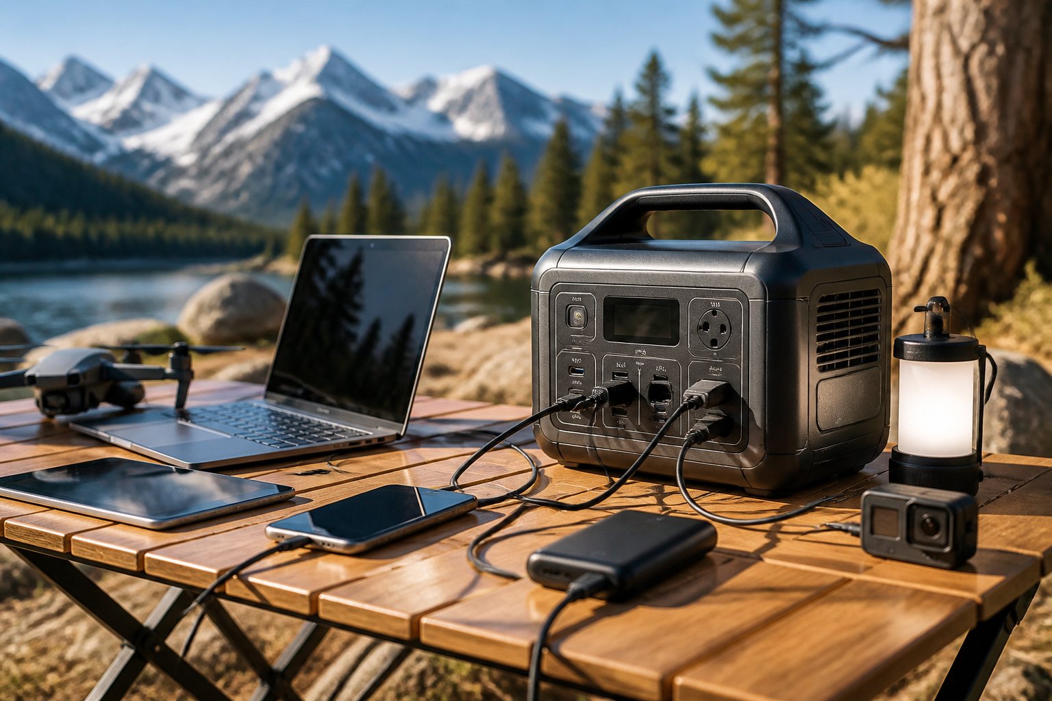 Portable Power Station Lifespan: Expert Guide to Durability & Care A portable power station on a picnic table outdoors with electronic devices connected, surrounded by trees and mountains in daylight.