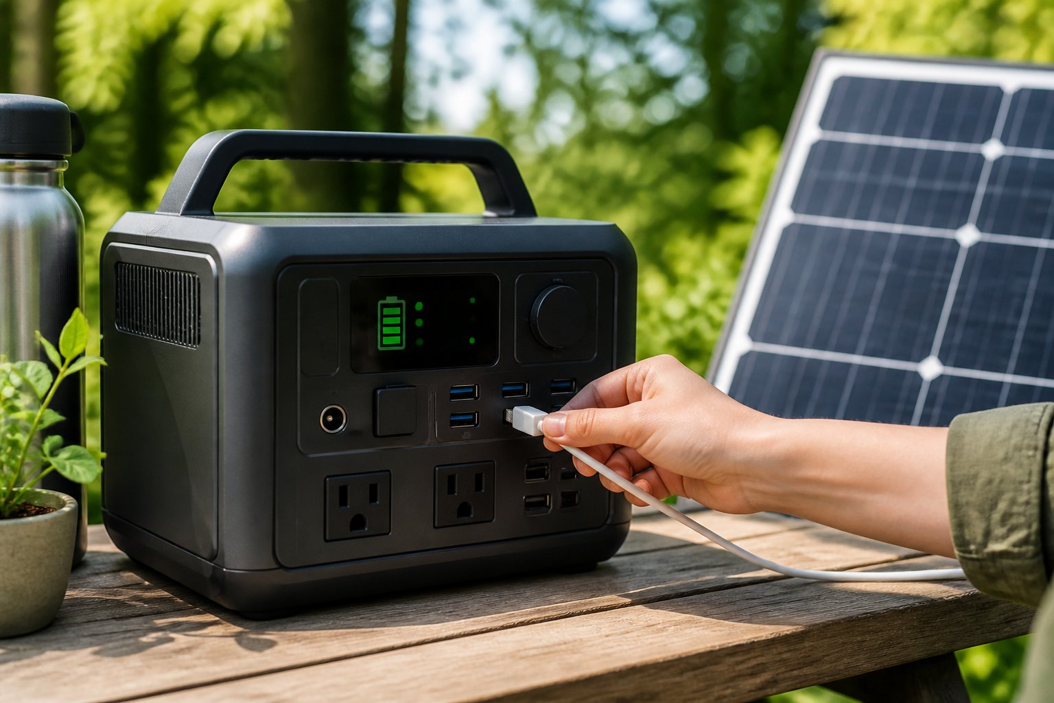A portable power station on a wooden table outdoors with a hand unplugging a cable and a solar panel nearby.
