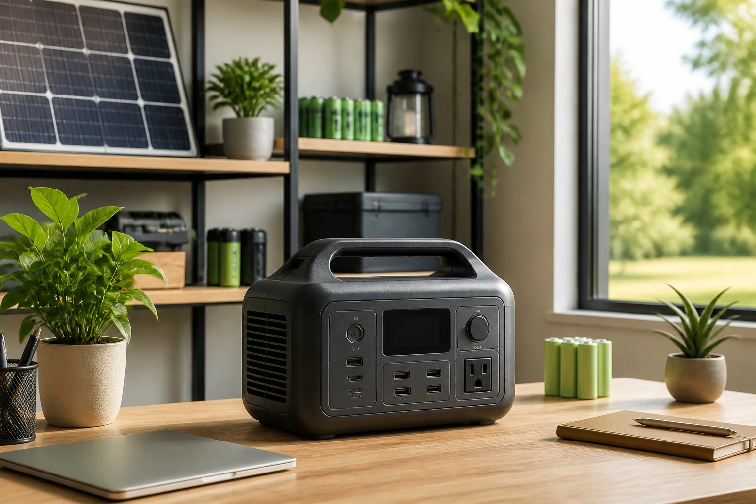 A portable power station on a wooden desk with organized shelves holding eco-friendly items and green plants in a bright room.
