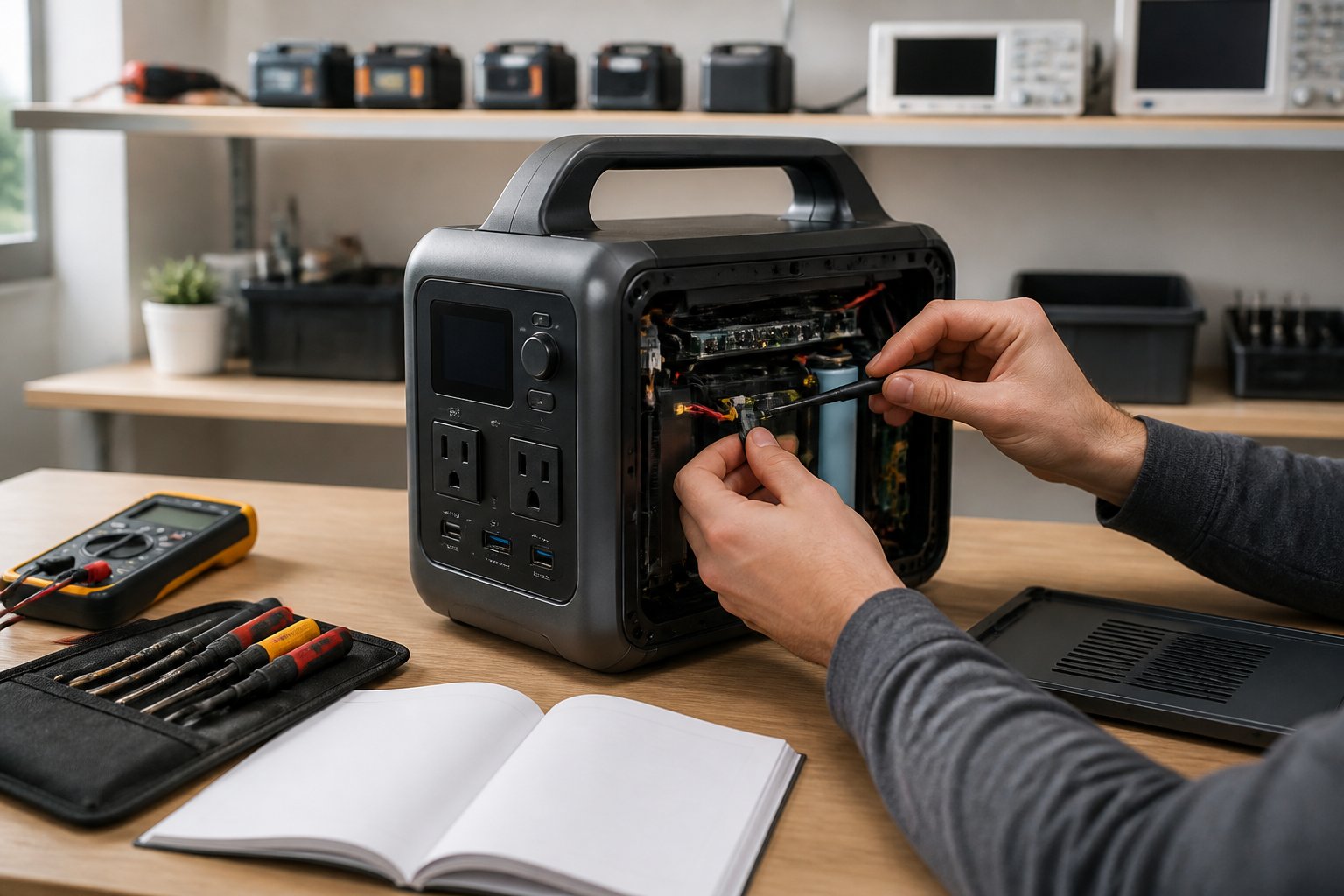 Hands performing maintenance on a portable power station on a workbench with tools and electronic equipment nearby.